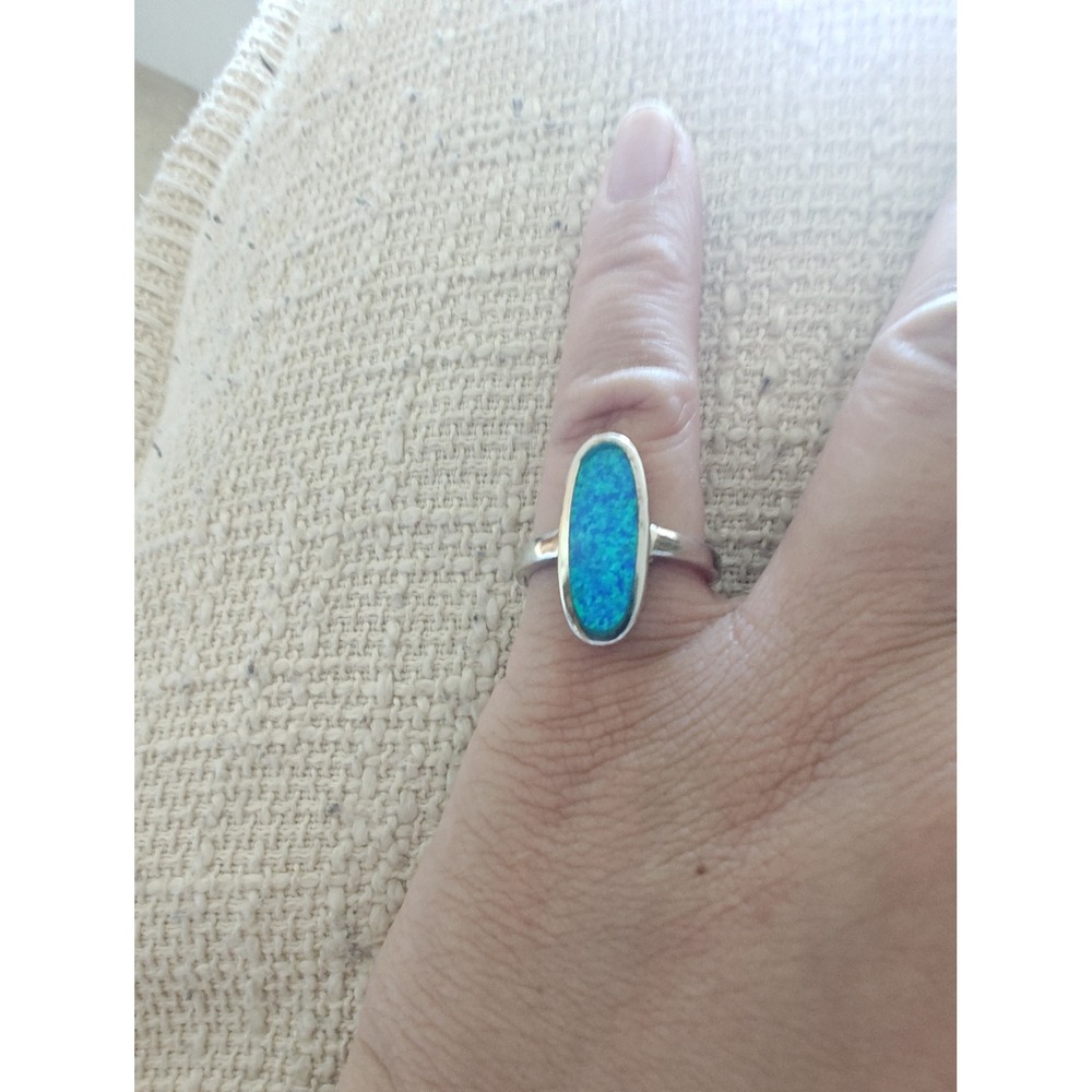 Ring 925 Sterling Silver Blue Lab Opal Oval Inlay SRO17781-BO Size 8